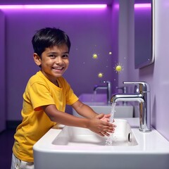 Happy and under privilege kids and groups are reading books with mobile tab, washing hands,  super hero kids