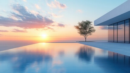 Fototapeta premium Serene sunset view over a modern infinity pool, reflecting sky colors and featuring a tree for a tranquil atmosphere.