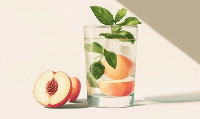 A detailed, minimalist image showing a glass filled with water infused with peach slices and fresh mint leaves