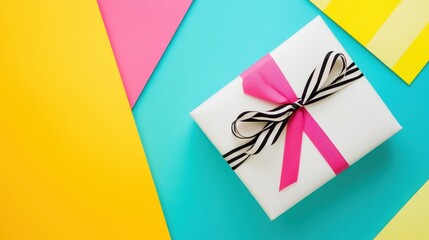 Naklejka premium Festively wrapped gift box with a pink ribbon on a vibrant, colorful background featuring bright geometrical shapes