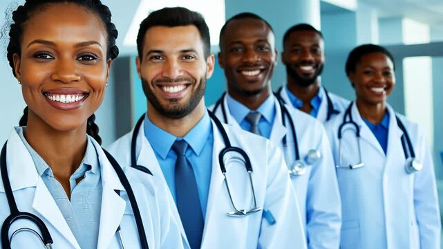Diverse team of smiling doctors in lab coats, professionals in healthcare setting focused on teamwork and patient care. African American and Hispanic medical staff representing unity and expertise