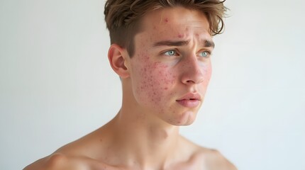 Obraz premium Young Man with Acne on Face Isolated on White Background