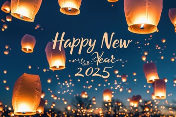 Lantern Festival Collage: Photos of lanterns being released into the sky. The text "Happy New Year 2025" in a delicate, lantern-themed font.