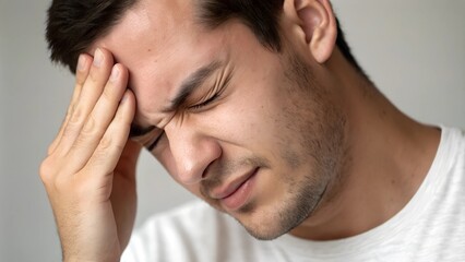Fototapeta premium Man with severe headache holding forehead indoors
