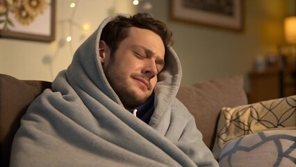 Obraz premium Man with Chills Wrapped in Blanket