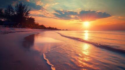 Hua Hin beach bathed in the soft light of a breathtaking sunset,