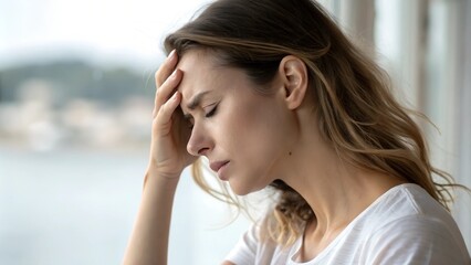 Obraz premium Woman Holding Head with Headache, Feeling Unwell