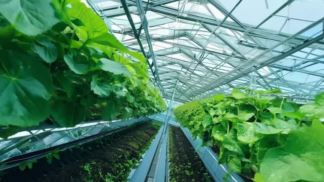 A green eco friendly hydroponic farm for growing greens and plants. Rows of fresh lettuce flourish in the greenhouse, highlighting sustainable agriculture and organic cultivation. Generative AI