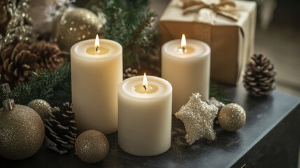 A group of three candles sitting on a table