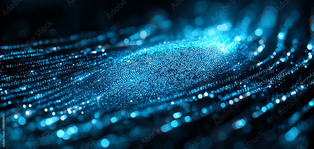 Poster Abstract blue glowing particles create a mesmerizing wave effect, ideal for digital design, backgrounds, or artistic projects.