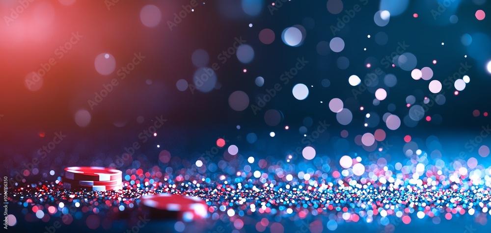 Poster vibrant, colorful bokeh effect with scattered round particles and glimmering lights against a deep b