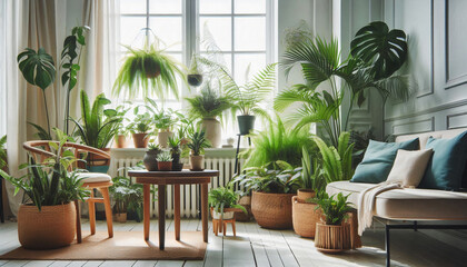 Obraz premium Bright room with an array of potted plants by large windows