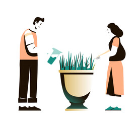 Couple Watering Garden Together