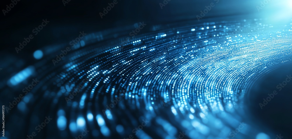 Poster Abstract blue light trails with glowing particles, creating a sense of movement and depth against a dark background.