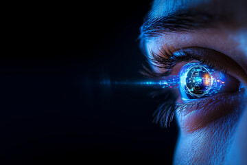 The eye features vibrant digital elements, highlighting the blend of human vision and technology in the future