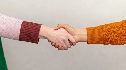 Handshake of Trust: Two hands clasped in a handshake, symbolizing agreement, partnership, and mutual respect. The warm colors of the clothing suggest a connection and understanding. 