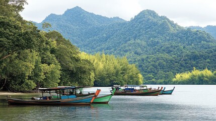 Naklejka premium raditional longtail boats anchored near the shores