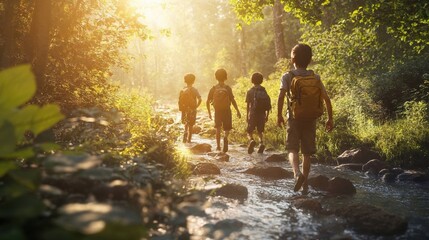 Children with backpacks walking along a sunlit stream in a forest, creating a magical summer adventure scene with golden light filtering through the trees