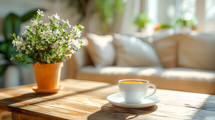 A cup of coffee sitting on top of a wooden table next to a couch and a potted plant on top of a wooden table