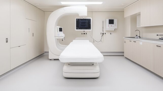 Modern Hospital Cath Lab:  A pristine, minimalist medical examination room, featuring a state-of-the-art C-arm fluoroscopy system and a sleek examination table.