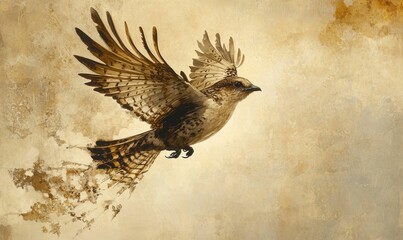 Fototapeta premium Brown bird with spread wings flying against textured beige background.