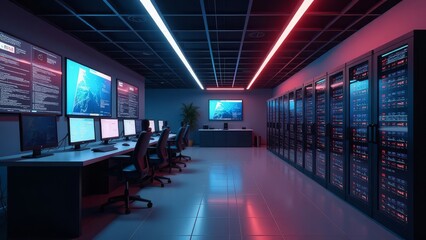Modern data center with servers and monitors in futuristic lighting
