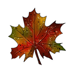 Fototapeta premium Multicoloured autumn leave maple isolated on white background. Hand drawn digital watercolor. For decoration and design of posters, wallpapers, postcards, fabrics, textiles