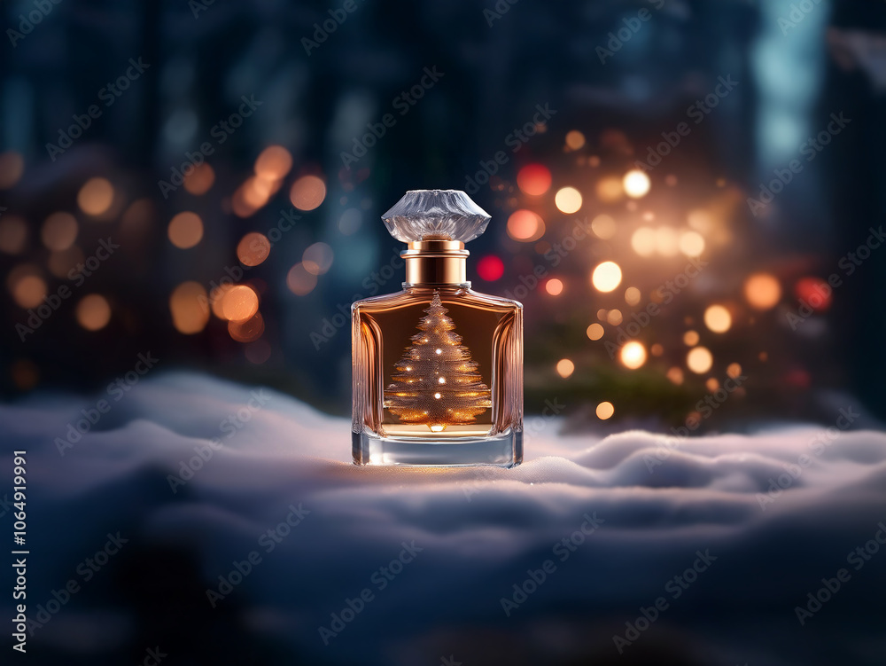 Poster a glass bottle of perfume with a christmas tree design sits on a snowy surface. the bottle is illumi