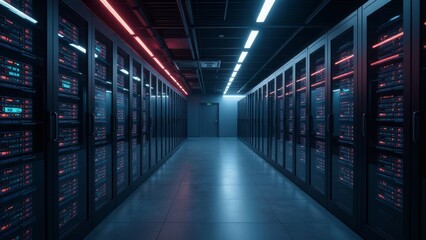 Modern data center with advanced server racks and futuristic lighting