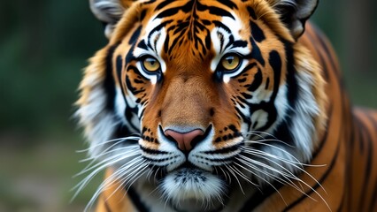 Obraz premium A close-up shot of a tiger’s face with its piercing amber eyes and intricate patterns of its fur