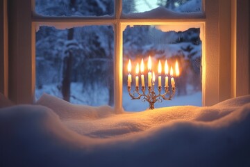 Menorah in Snowy Window: A cozy winter scene with a menorah placed in a snow-covered windowsill,...