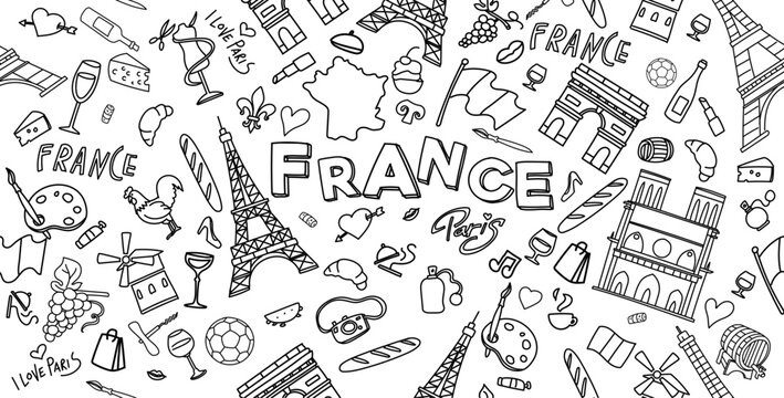 horizontal France doodles, clip art, cartoon decorative elements collection set icon. vector illustration