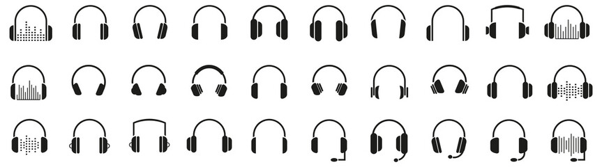 Big set of support headphones icons in black. Vector illustration