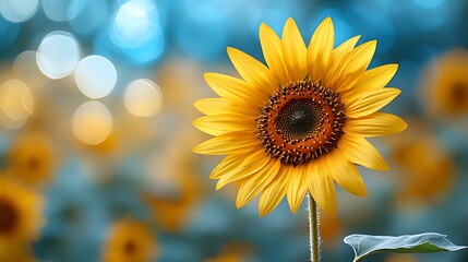 Obraz premium A single sunflower blooms in a field of sunflowers, with a blurred background of blue and white bokeh.