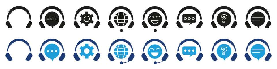 Support symbols with speech bubble and headphones in black. Hot line icons. Support icon collection