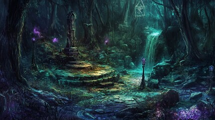 Enchanted Forest with Tower and Mystic Elements