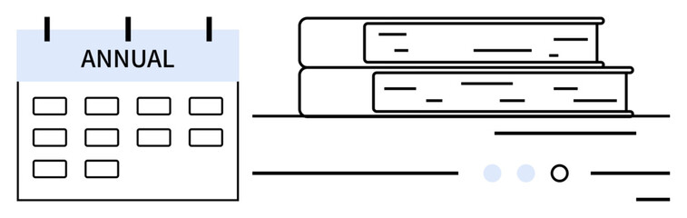 Calendar labeled Annual beside two stacked books. Ideal for productivity, planning, organization, time management, academic scheduling, event coordination, yearly reviews. Line metaphor