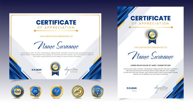 Certificates of completion template with luxury badge and modern line and shapes. Horizontal certificate For award, business, and education needs. Diploma vector template
