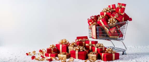 Shopping cart overflowing with christmas gifts on snowy background
