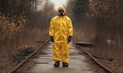 A man wearing a yellow hazmat suit and protective gear stands alone, highlighting the importance of safety in hazardous environments