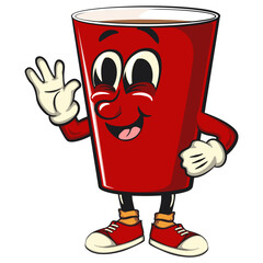 Red cup beer pong cartoon mascot character icon greet by waving hand, work of hand drawn
