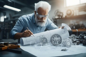 Engineer Examining Blueprints with Precision