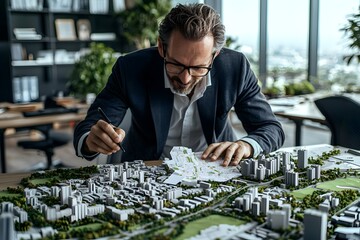 Urban Planner Analyzing City Models with Overlays