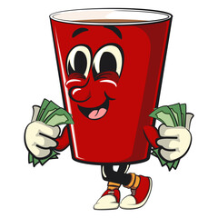 Red cup beer pong cartoon mascot character icon carrying money, work of hand drawn
