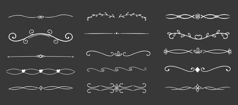 Swirl line chalk divider, doodle decorative fancy ornament border, simple hand drawn frame. Retro curve set flourish thin decorations.