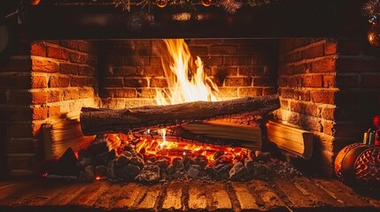 Festive yule log glowing in a cozy brick fireplace adorned for the christmas season