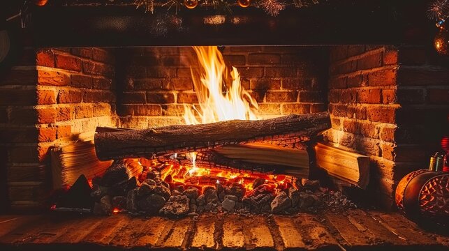 Festive yule log glowing in a cozy brick fireplace adorned for the christmas season