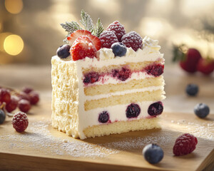Chiffon Berry Cake Slice with Light Berry Flavor and Whipped Cream