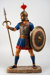 Fototapeta premium Detailed depiction of historical soldier figurine in armor, holding spear and shield,