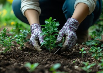 Fototapeta premium Closeup of a woman planting a young sapling in soil with a shovel, promoting environmental care and sustainable gardening practices for a greener future